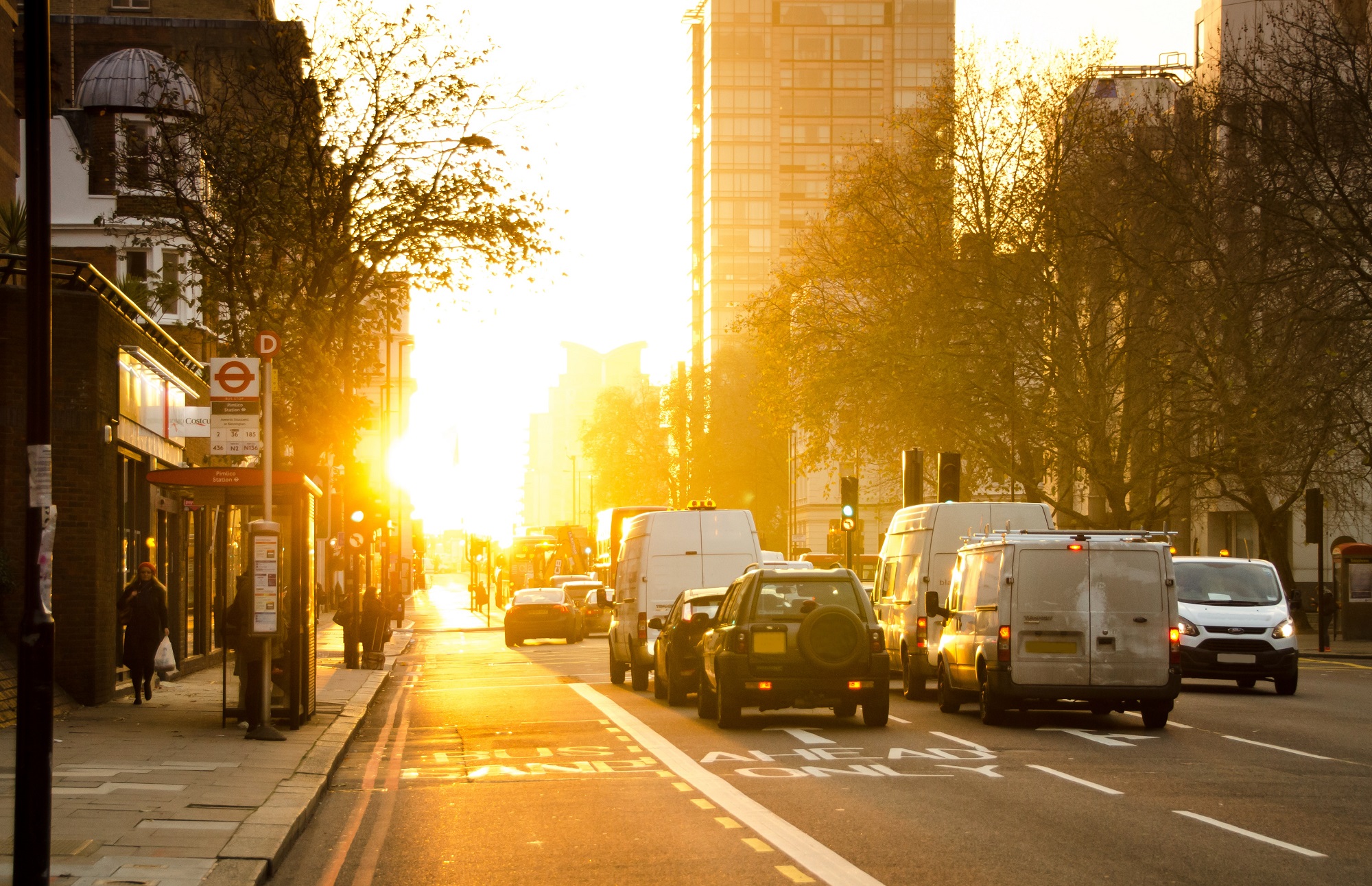 cars driving in a city with morning sun