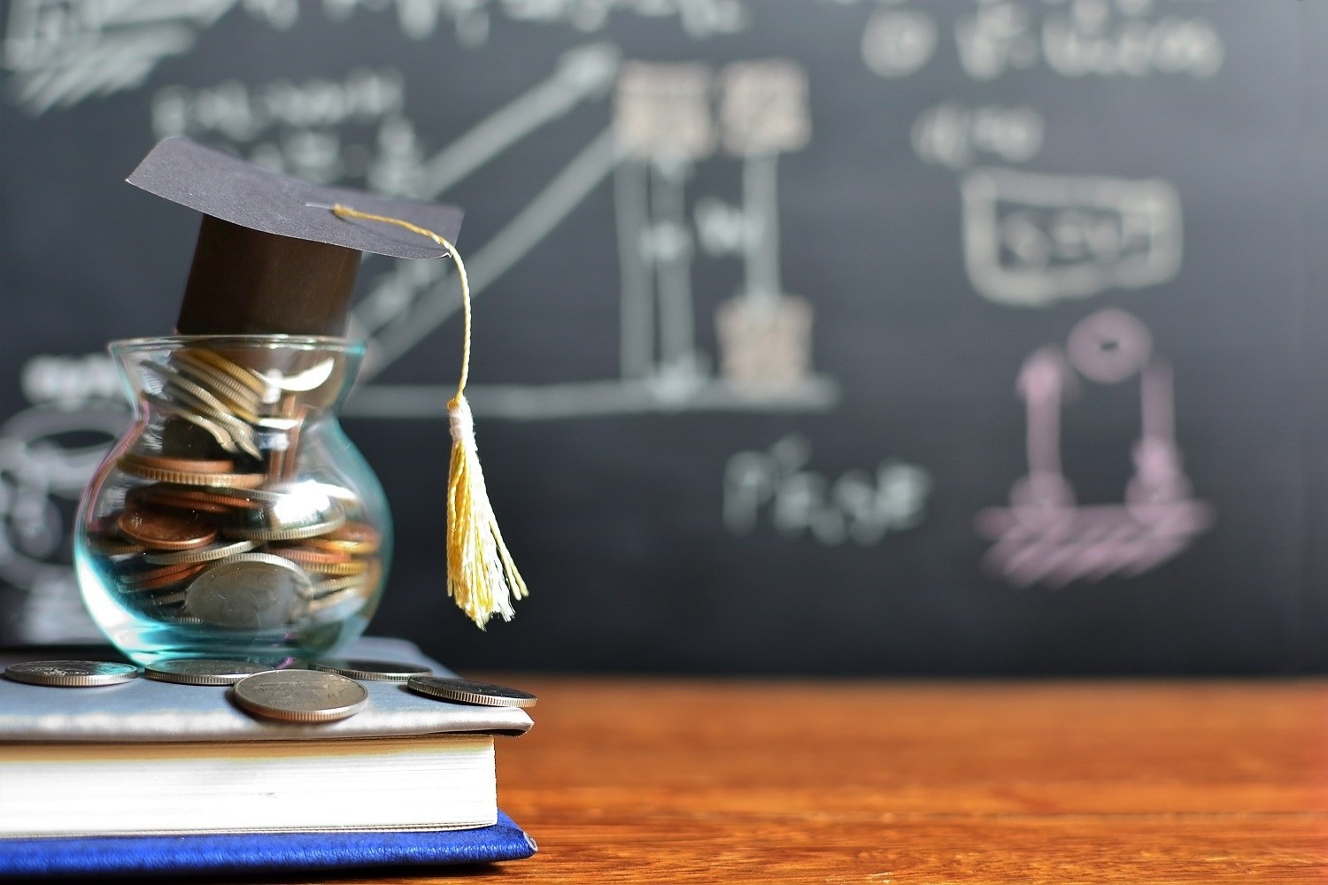 A small jar filled with coins, with a graduate cap atop it