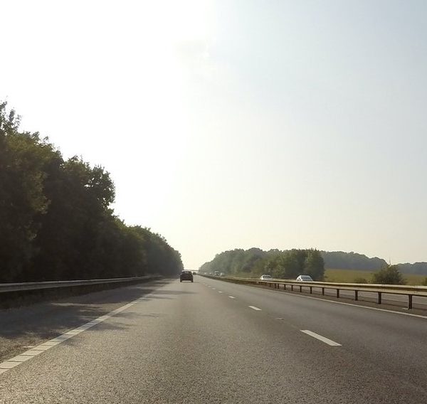 A lone car driving along a tree-lined road under a clear sky