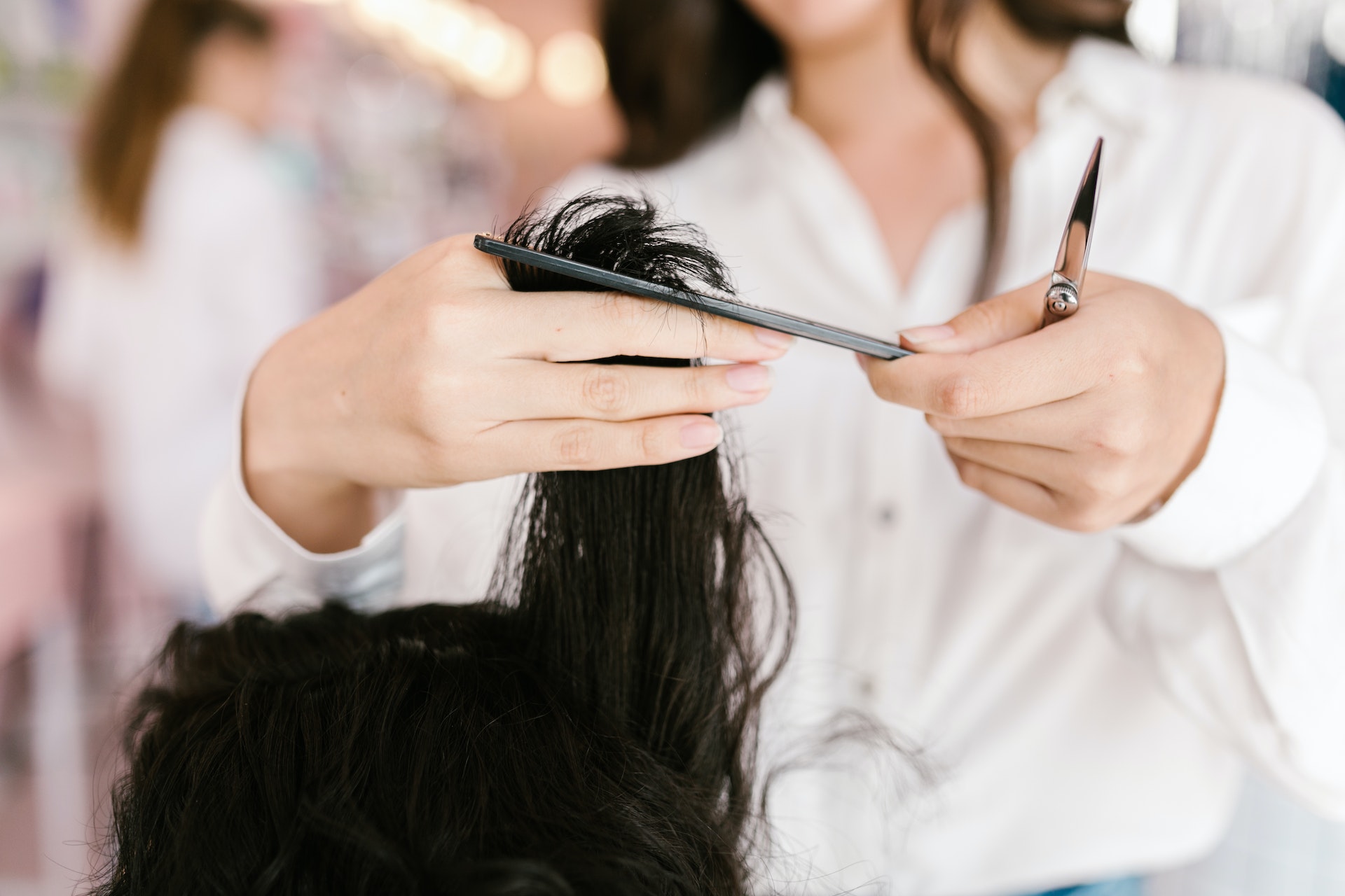 a hairstylist cutting a client's hair