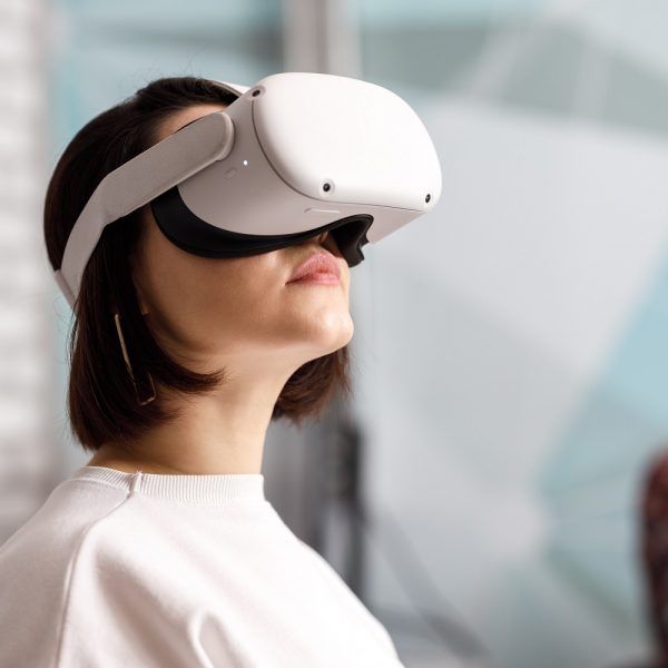 a woman wearing a VR headset