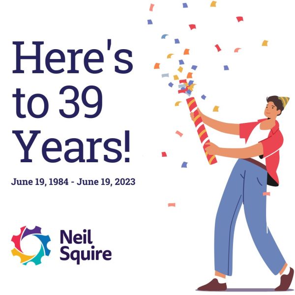 A graphic of a person celebrating throwing a tube of confetti, with text saying, "Here's to 39 years! June 19, 1984 - June 19, 2023"