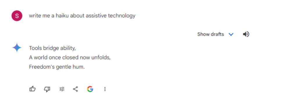 A screenshot of ChatGPT being used to write a haiku about assistive technology.