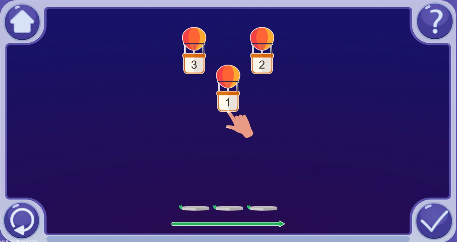 A screenshot of Magrid, showing an activity where users have to pick between balloons numbered 1, 2, and 3.