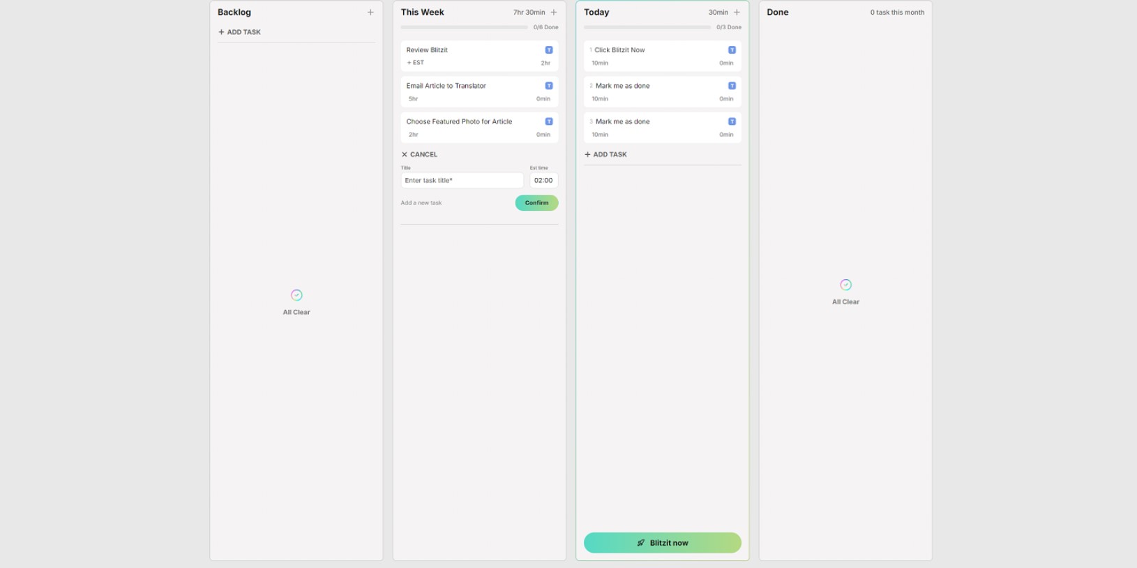 A screenshot of Blitzit in use.