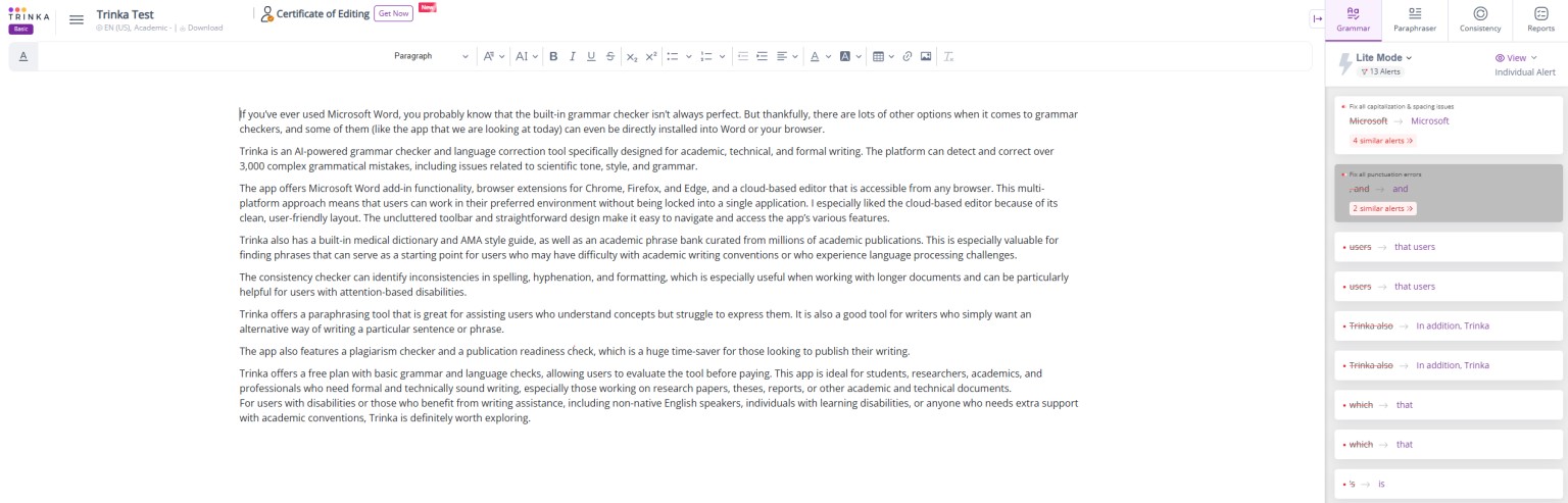 A screenshot of the Trinka app in use, editing this article.