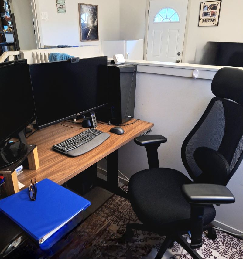Carmen's workstation, featuring her desk, ergonomic chair, keyboard, mouse, and mounts.