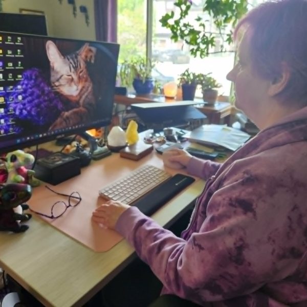 Cynthia at her new workstation.
