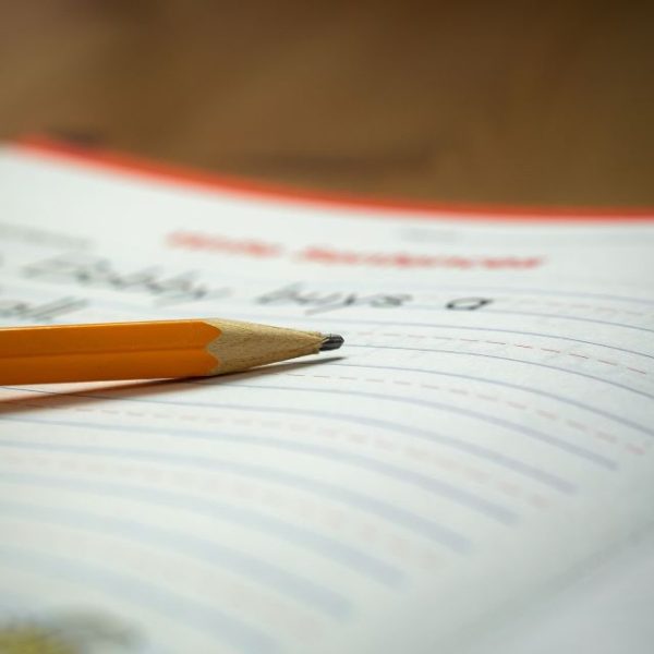 A pencil sits on a student's notebook.